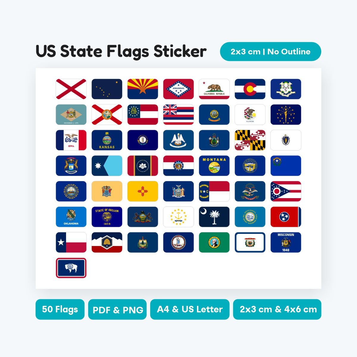 US Geography 3:2 Rounded Flag Bundle, 50 state flags in SVG and PNG format, printable stickers for students and teachers, high quality digital art.