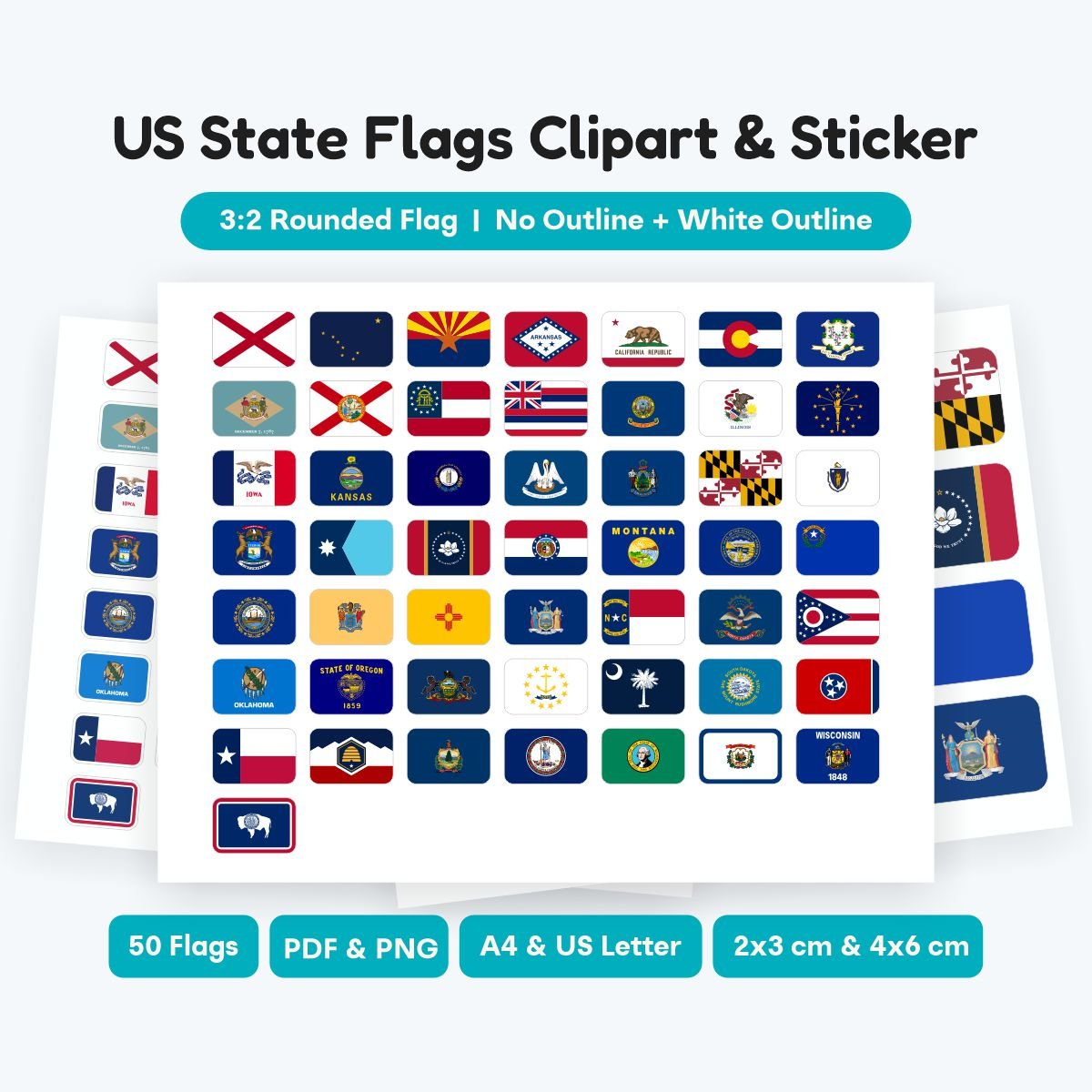 US State 3:2 Rounded Flag Clipart Printable Sticker, 50 states rounded corner flag SVG and PNG files, educational geography stickers, instant download.