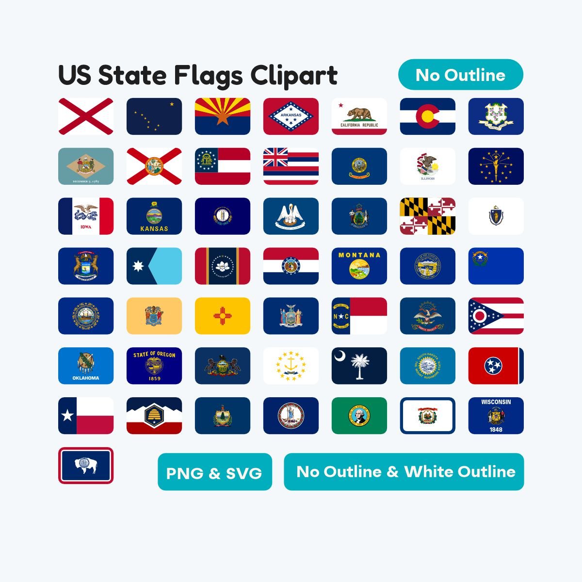 50 US States 3:2 Rounded Flags, printable geography clipart PDF, high resolution SVG for Cricut and silhouette, perfect for modern sticker labels.