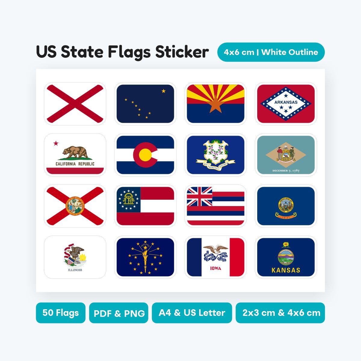 US State 3:2 Rounded Corner Icons with Flags, 50 states clipart bundle, SVG and PNG for digital design, printable PDF for school geography lessons.