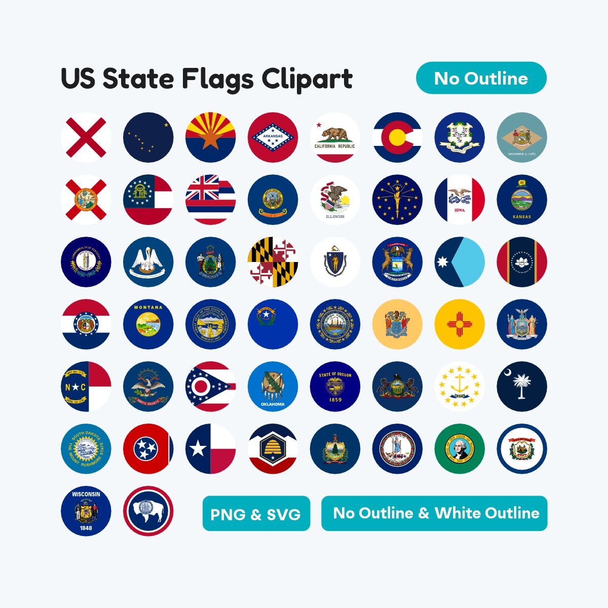 50 US States Round Flags, printable circle geography clipart PDF, high resolution SVG for Cricut and silhouette, perfect for sticker labels and crafts.