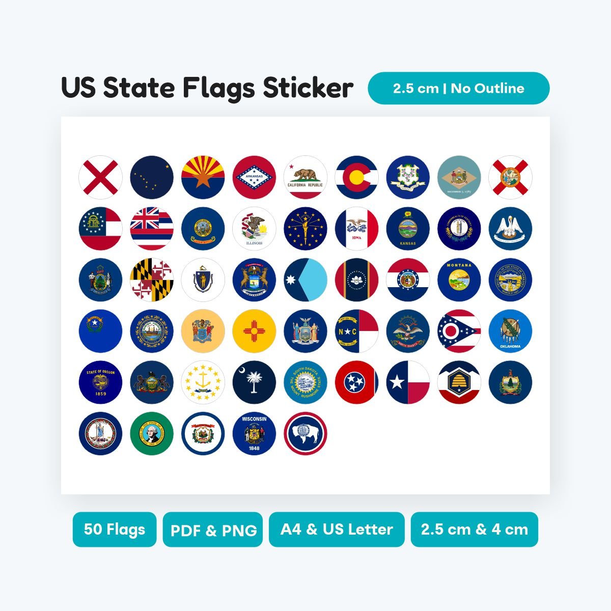 US Geography Circle Flag Bundle, 50 round state flags in SVG and PNG format, printable stickers for students and teachers, high quality digital art.