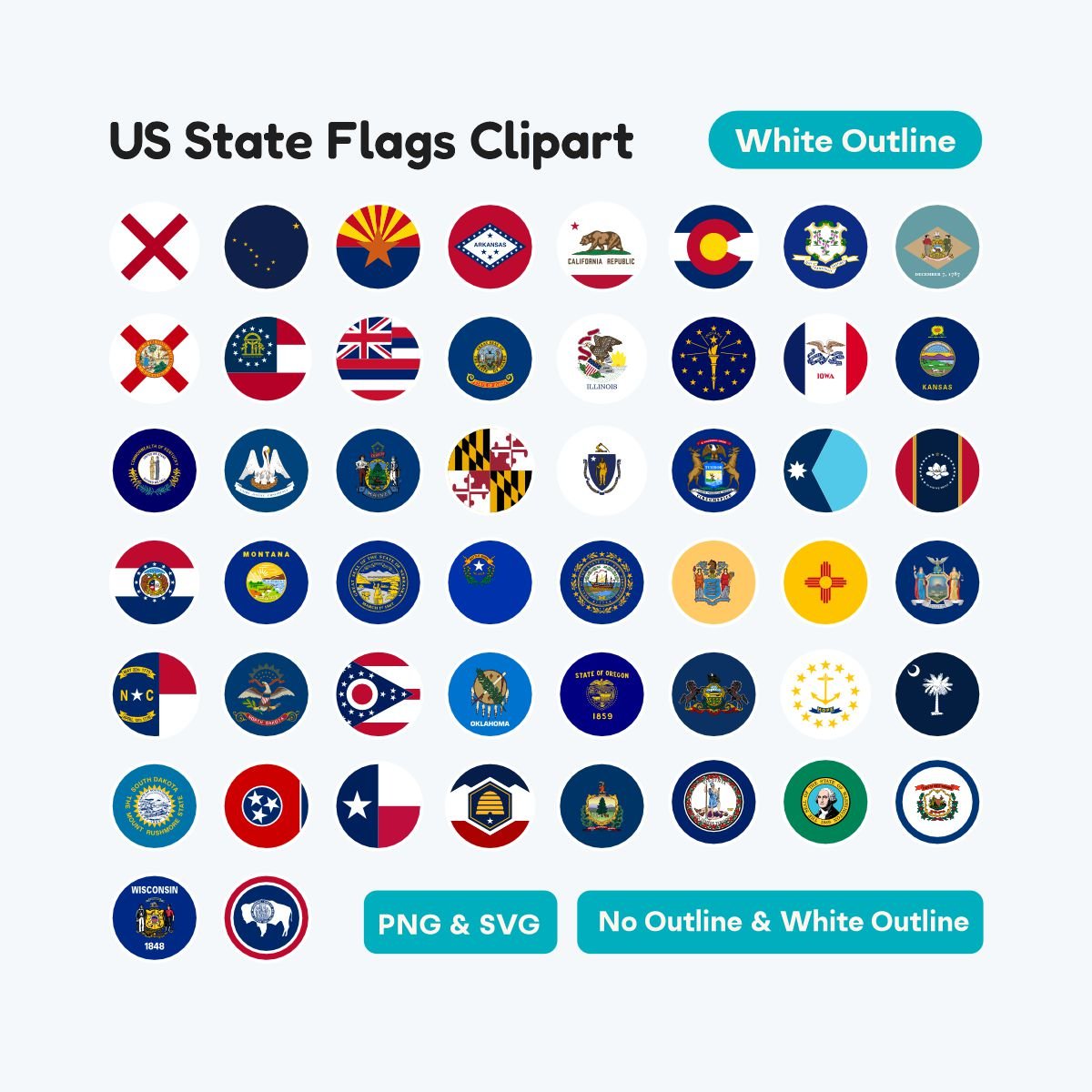 United States Circle Flag Stickers, 50 states round map icons, SVG and PNG format for planners, educational science and history classroom decor printable.