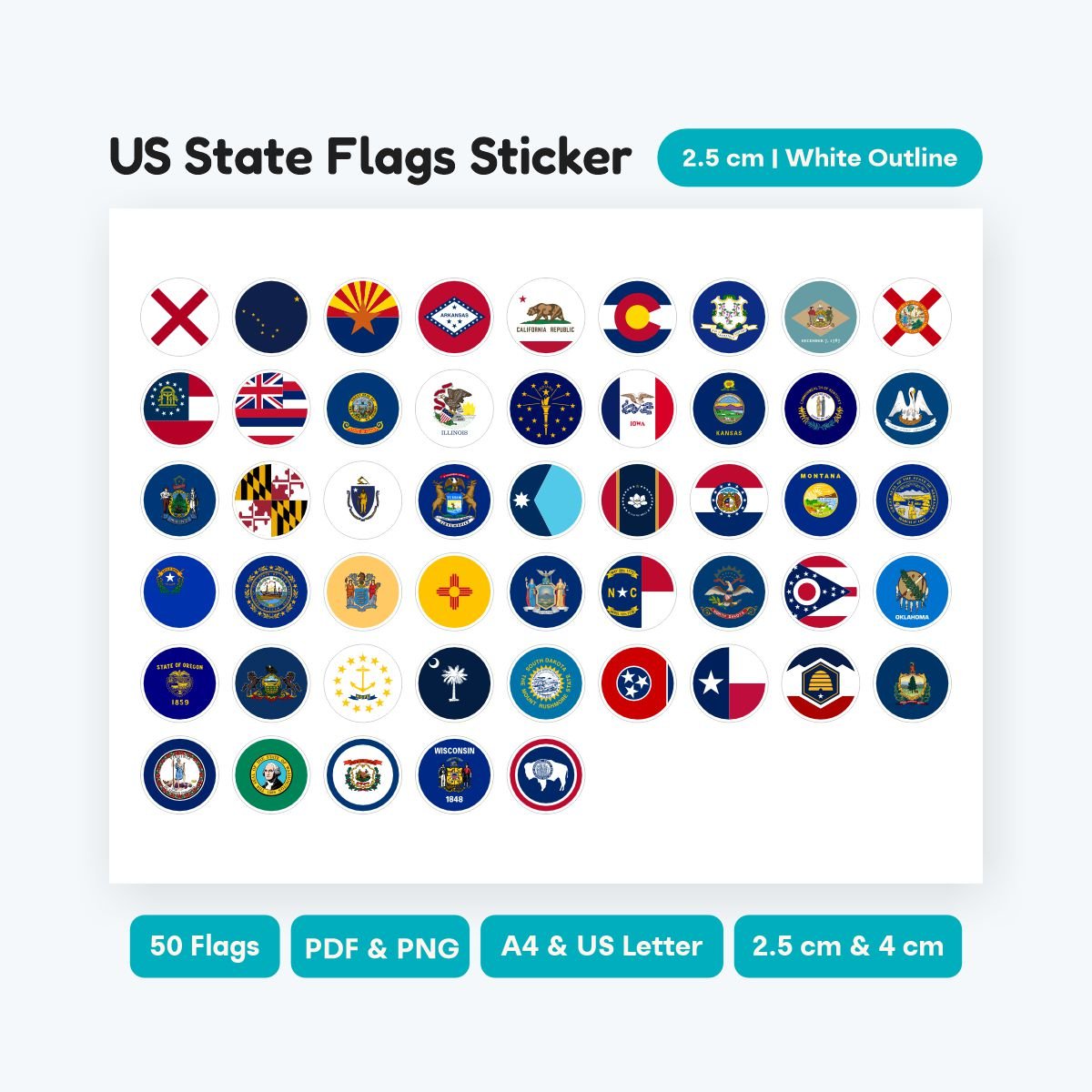 Printable US State Circle Flag Stickers, 50 states round icons PDF, geography clipart for homeschool and classroom activities, instant digital download.