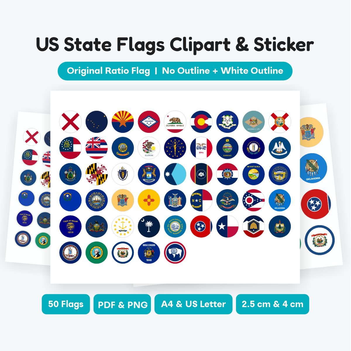 US State Circle Flag Clipart Printable Sticker, 50 states round flag SVG and PNG files, educational geography stickers for kids, instant digital download.