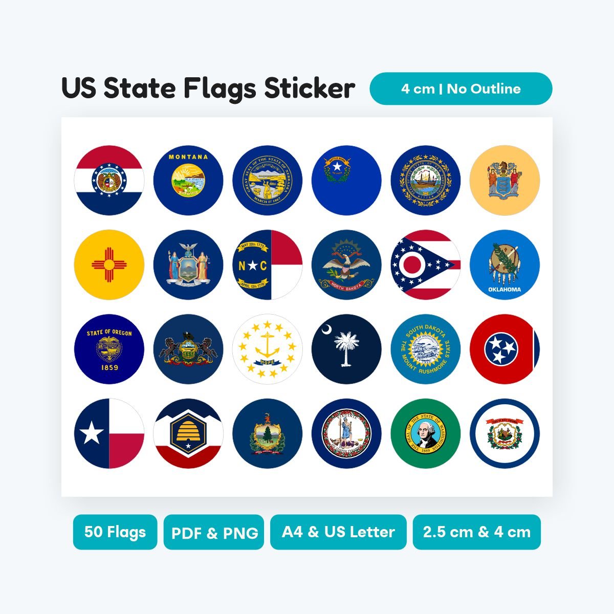 50 US States Round Flag Clipart, high resolution PNG and SVG files, printable circle geography stickers for laptops and planners, educational student tool.