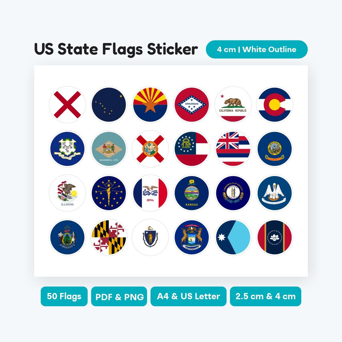 US State Circle Icons with Flags, 50 states clipart bundle, SVG and PNG for digital design, printable PDF for school geography lessons and crafts.