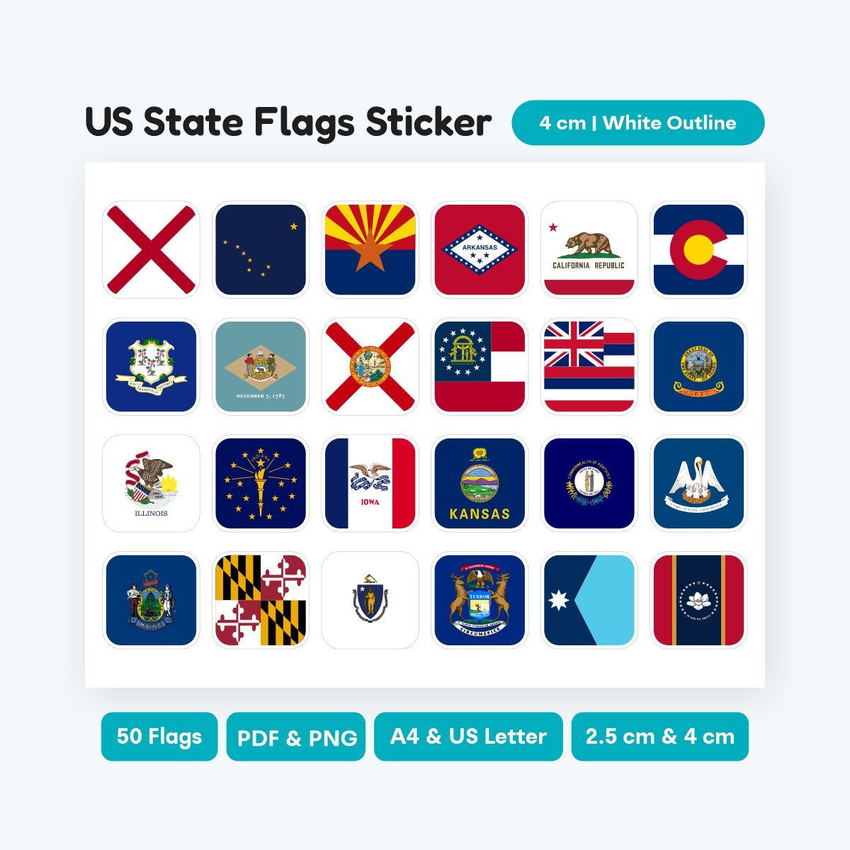 US State Rounded Corner Icons with Flags, 50 states clipart bundle, SVG and PNG for digital design, printable PDF for school geography lessons.