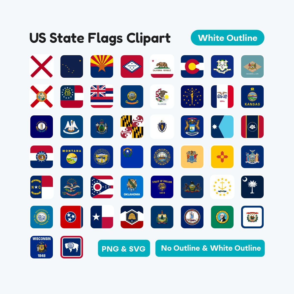 United States Rounded Flag Stickers, 50 states map icons, SVG and PNG format for digital planners, educational classroom decor printable set.