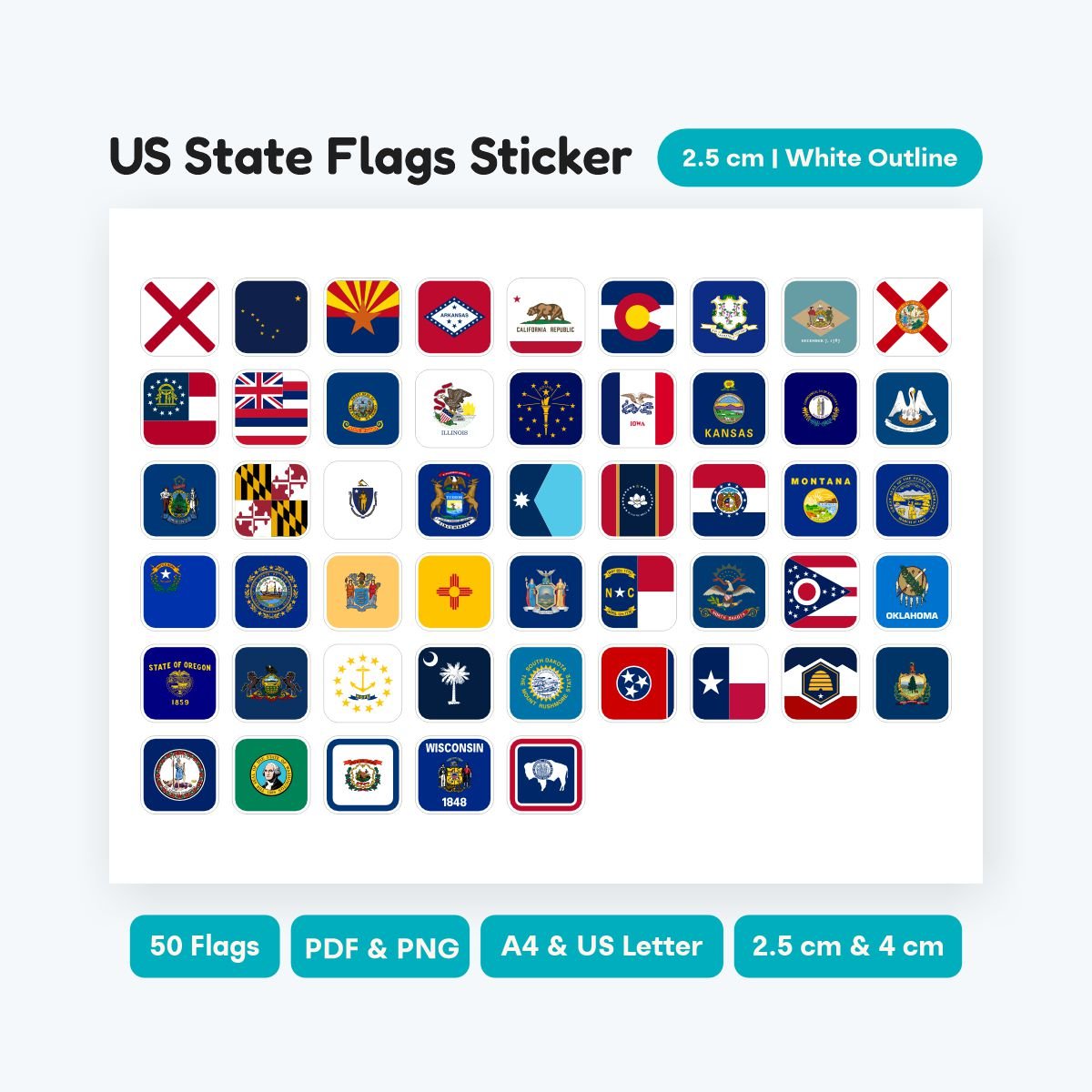 Printable US State Rounded Flag Stickers, 50 states rounded icons PDF, geography clipart for homeschool and classroom activities, instant download.