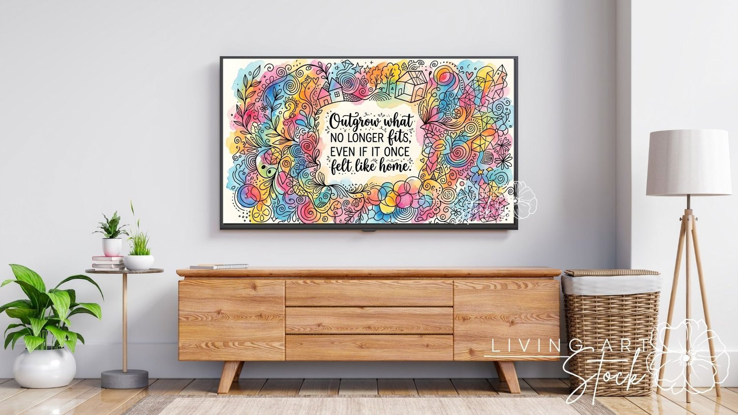 A vibrant and colorful watercolor and hand-drawn line art illustration featuring a central, clean area with the calligraphy quote: "Outgrow what NO LONGER FITS, EVEN IF IT ONCE felt like home." The quote is surrounded by a dense, whimsical border of hand-