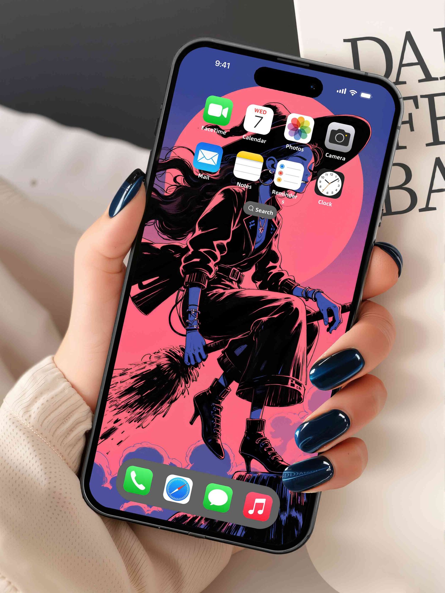Cyber witch phone wallpaper mockup with neon retro futurism aesthetic, dark anime style digital art for mobile lock screen
