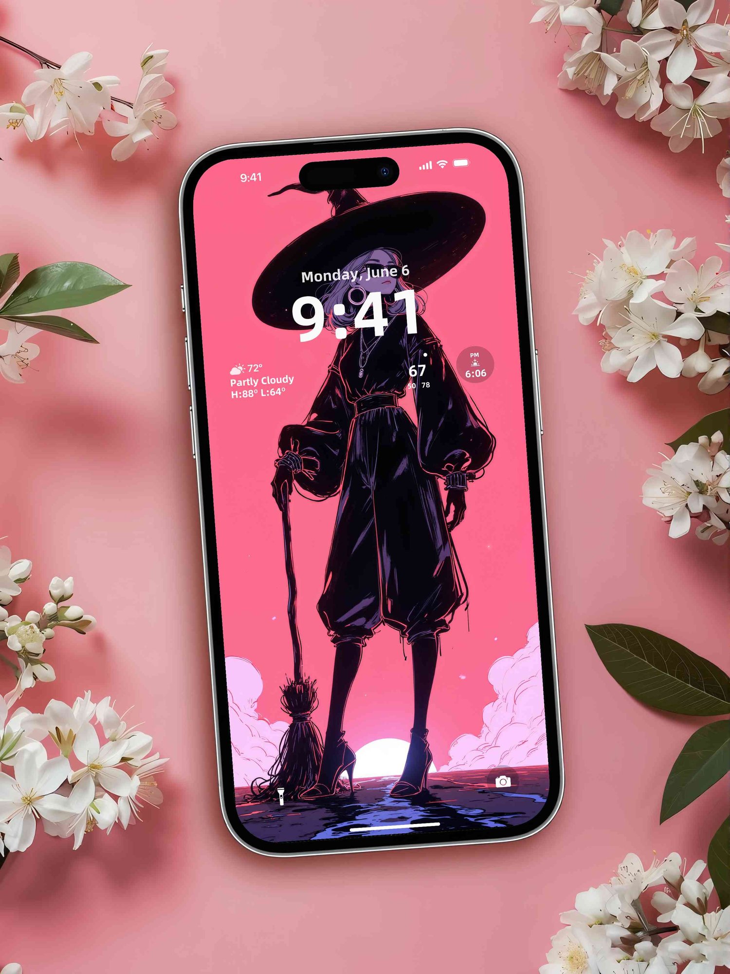 Cyber witch phone wallpaper mockup with neon retro futurism aesthetic, dark anime style digital art for mobile lock screen