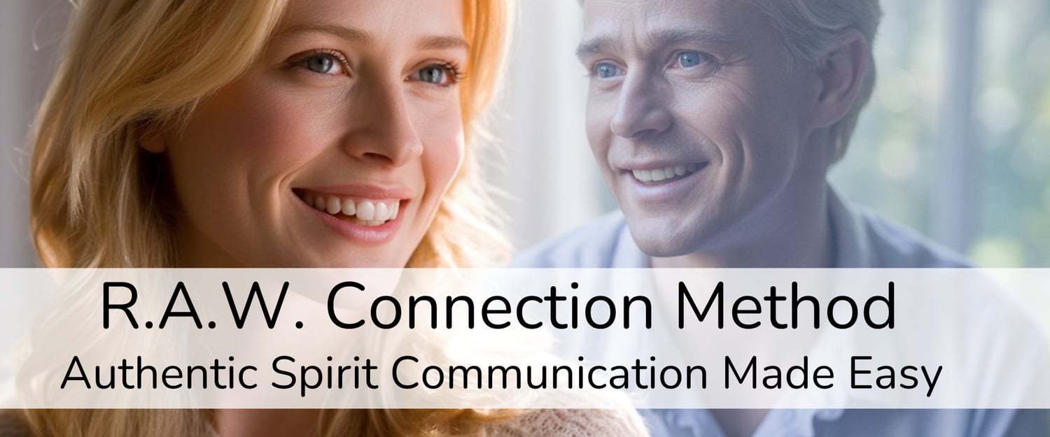 A photo of a blond woman with man behind her who appears to be in the spirit world with text overlay about spirit communication.