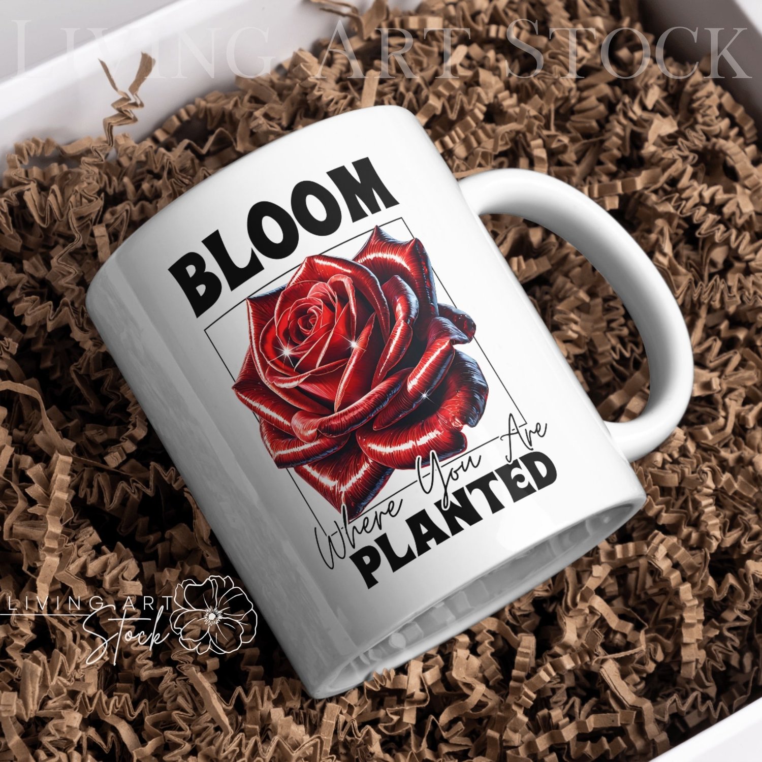 A vibrant t-shirt graphic design featuring a hyper-realistic, glossy red rose with a metallic sheen, set within a black wireframe square. Bold, chunky text above reads "BLOOM", and text below in script and bold fonts reads "Where You Are planted", all on 