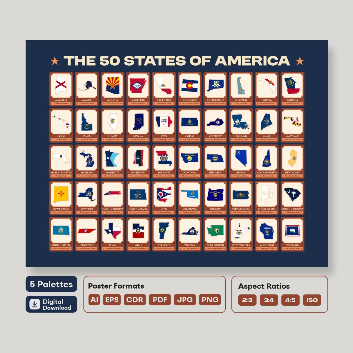 United States Map with State Flags, printable educational wall art, high-resolution geography poster for homeschool and student study rooms.