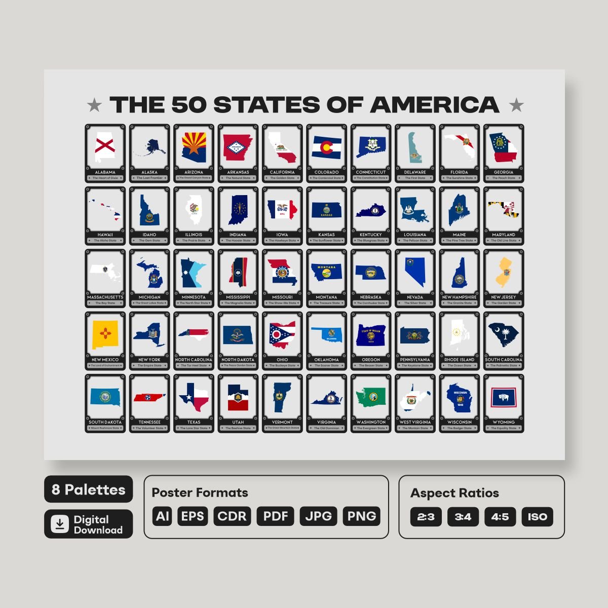 50 States of America Geography Poster, printable map with all state flags, classroom learning tool for students and teachers, digital wall art.