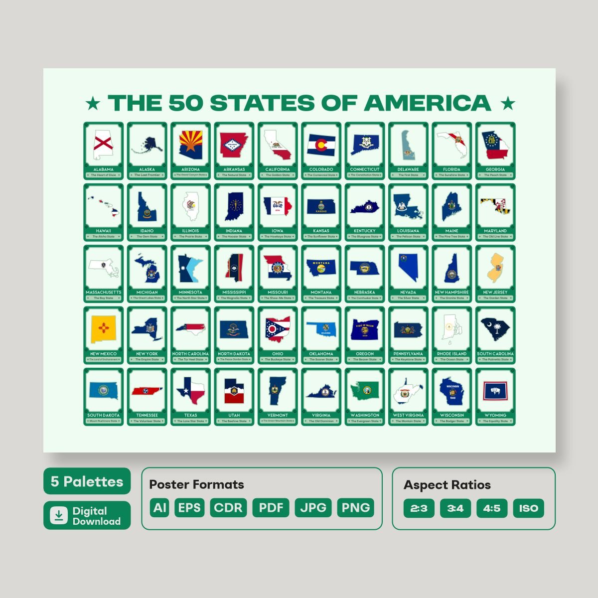 Printable USA State Flag Map, 50 states geography wall art, educational poster for nursery and playroom, minimalist design for modern homes.