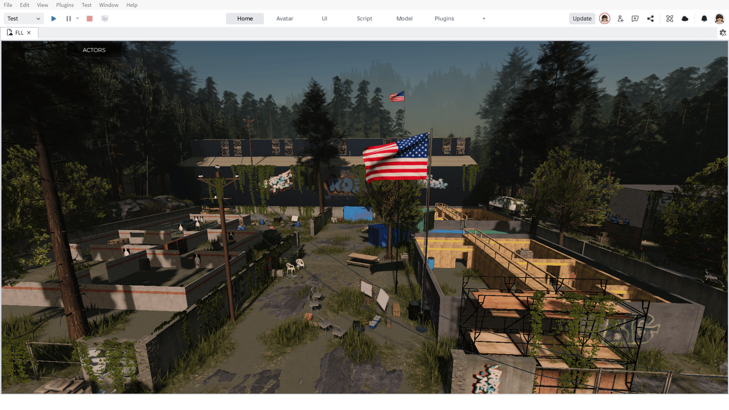 Realistic outdoor combat simulation ground with organic pathways