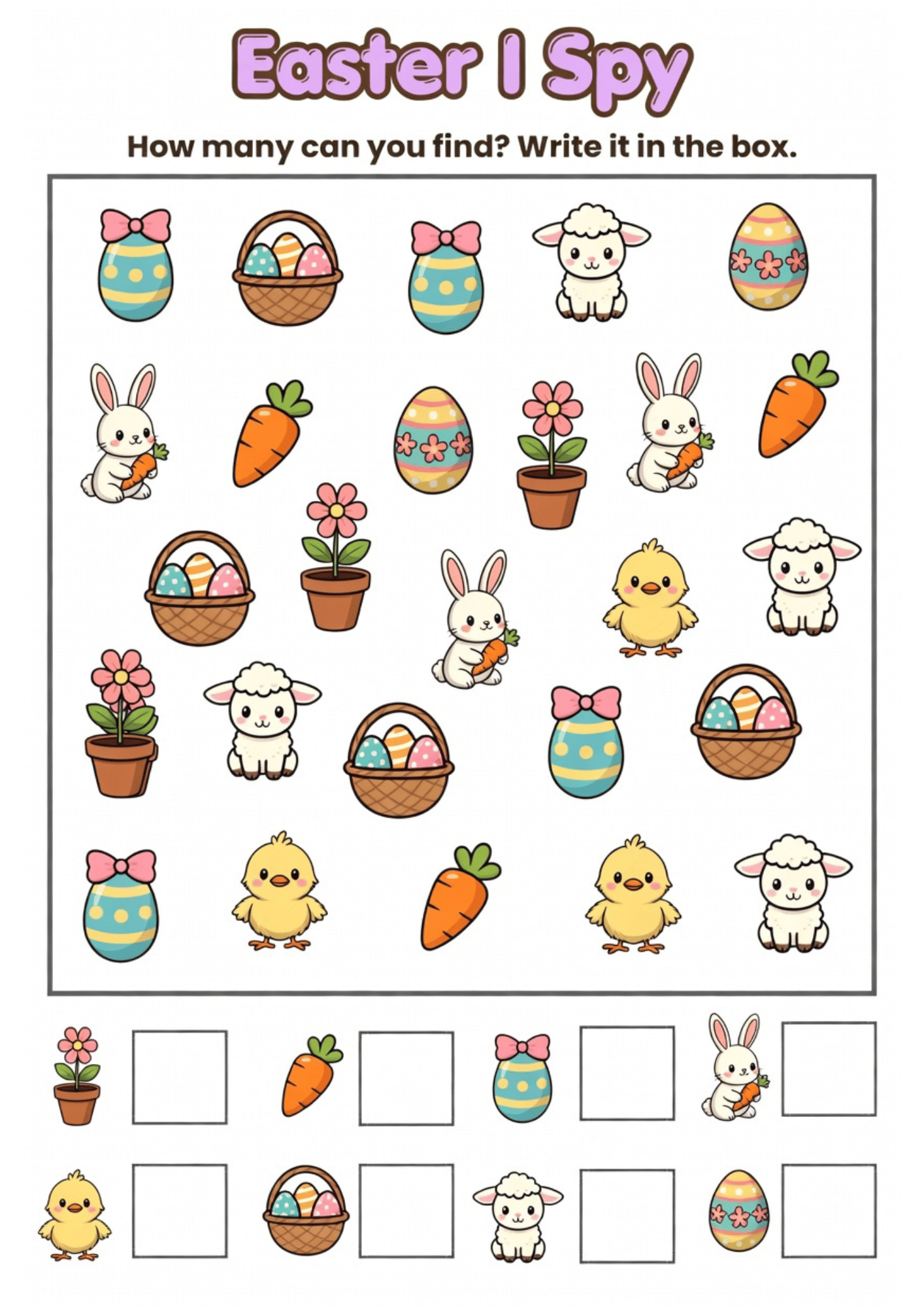 3-page colored Easter and Spring I Spy printable bundle for toddlers, features vibrant Easter eggs, bunnies, and spring flowers, ready-to-print counting activities for homeschool and classroom.