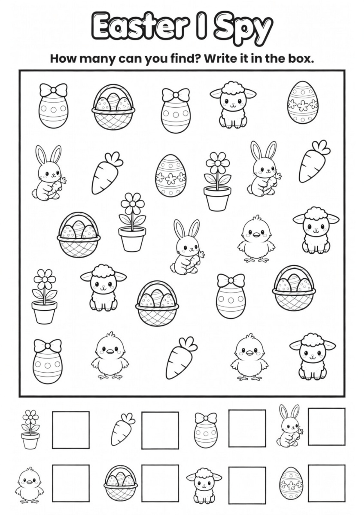 3-page Easter and Spring I Spy printable bundle for kids, includes Easter eggs, bunnies, and spring flowers, black and white counting and coloring worksheets for preschool and kindergarten.