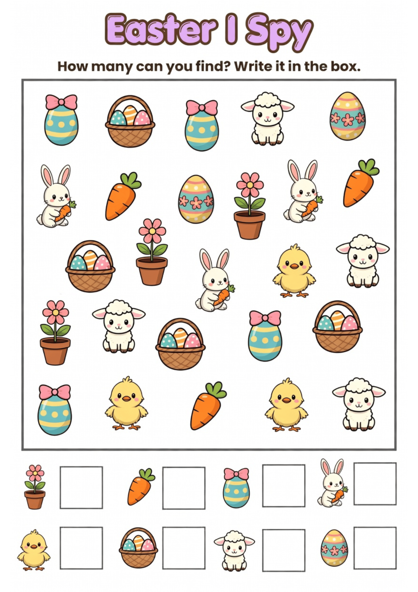Ultimate 6-page Easter and Spring I Spy printable bundle, includes both colored and black and white versions, featuring Easter eggs, bunnies, and flowers, comprehensive counting activity pack for kids.