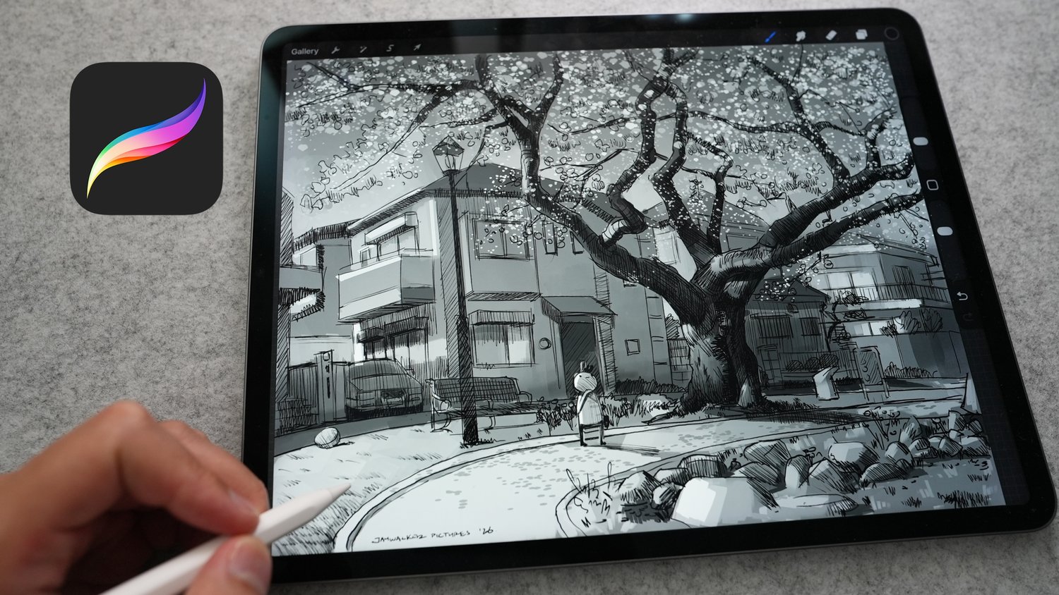 Procreate sketch of a Japanese street scene with cherry blossom tree — Jaywalker Pictures YouTube video on the optimal order to learn to draw