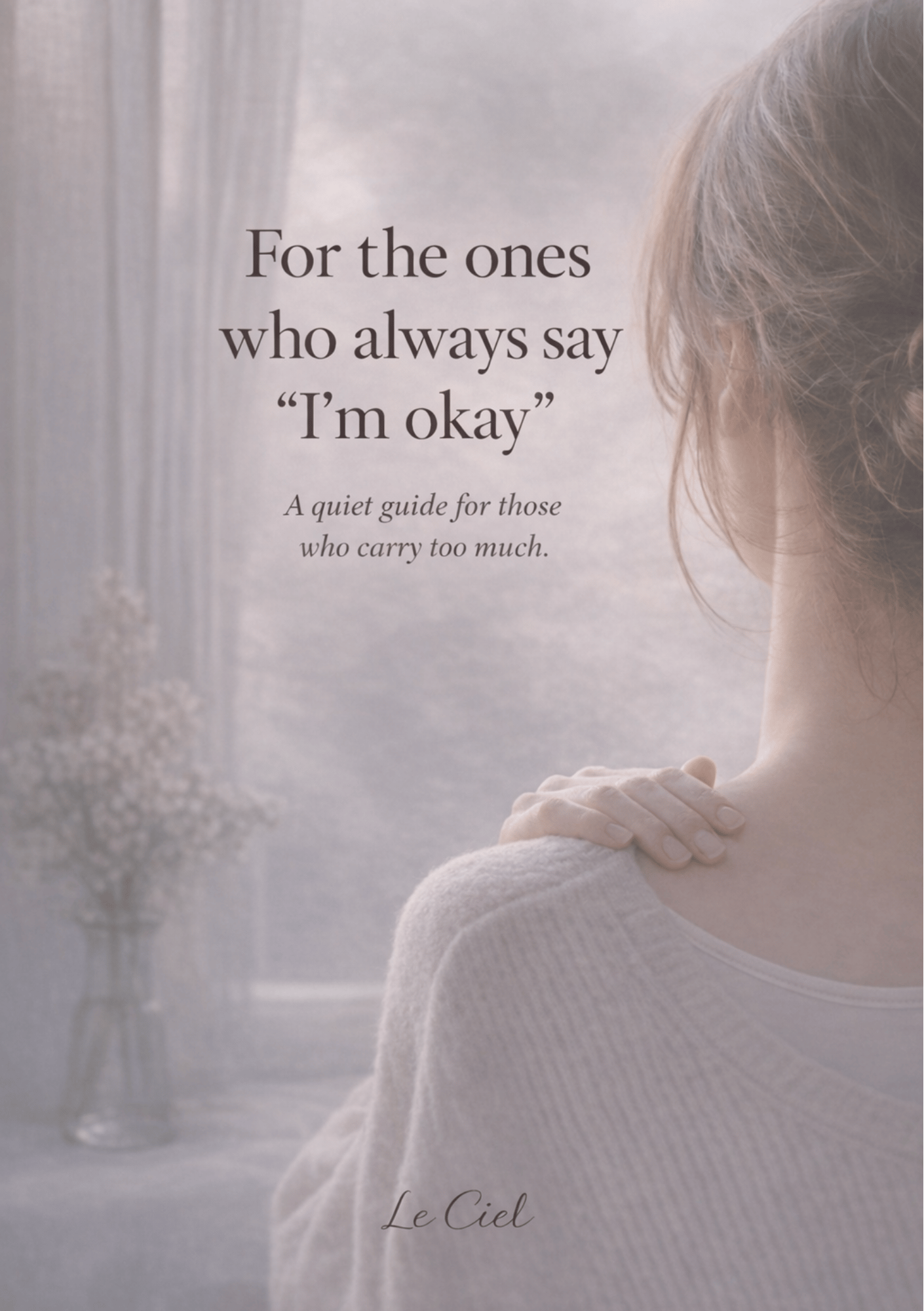 Woman holding shoulder pain in soft light, representing stress, emotional tension, and gentle self-care.