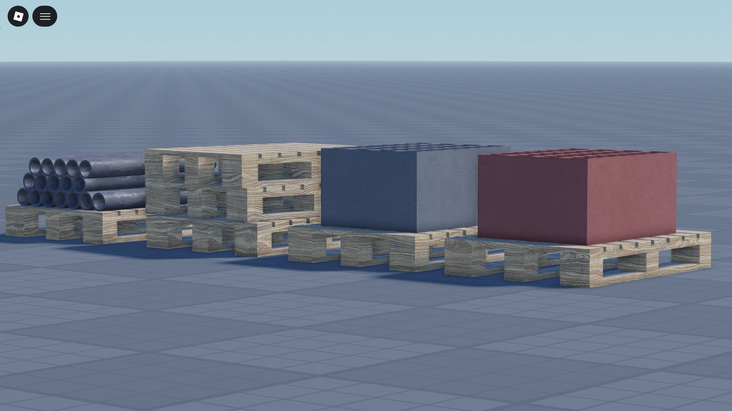 Realistic wooden pallet props arranged inside Roblox warehouse environment