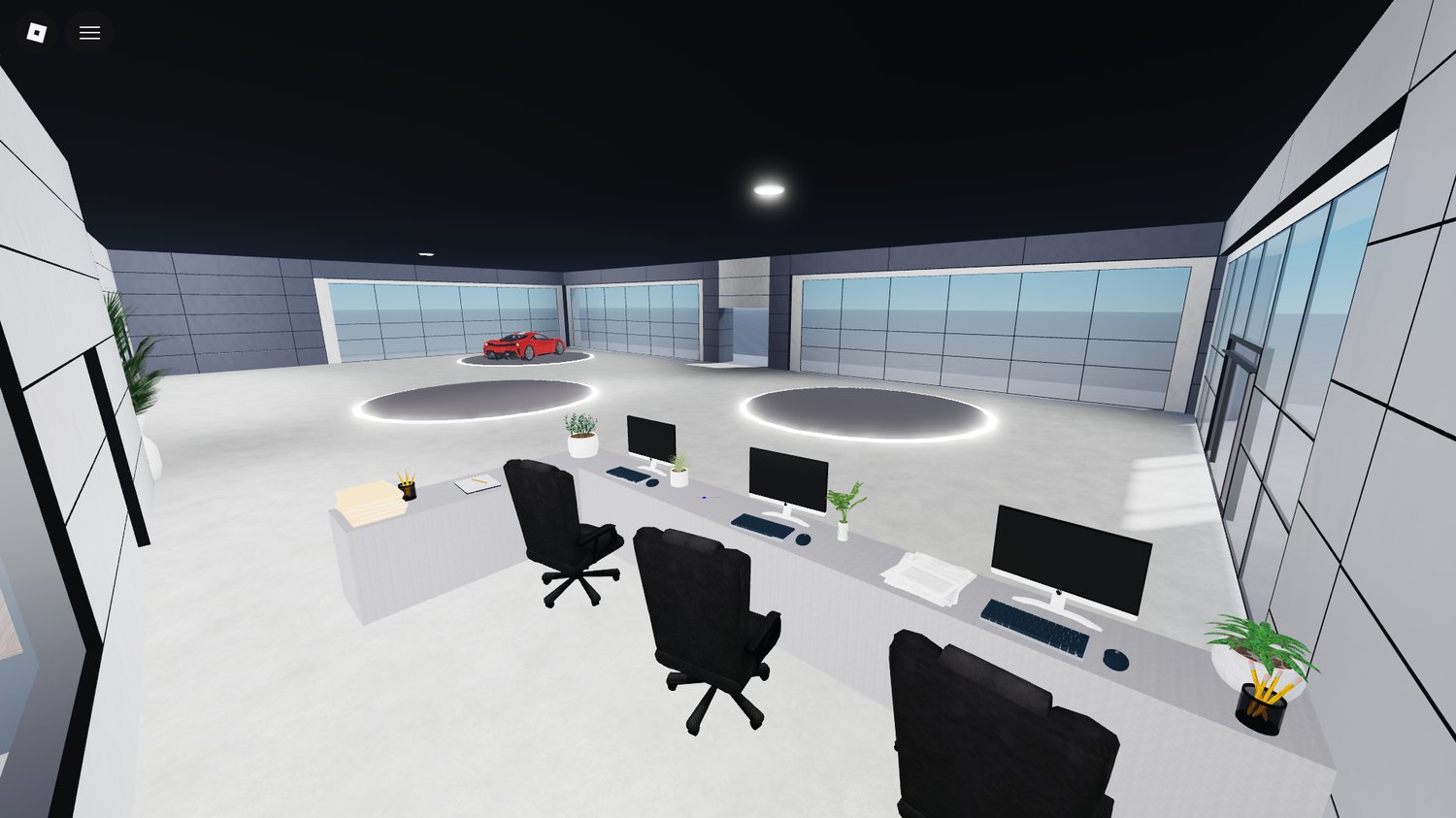 Modern Roblox car dealership showroom building exterior in city environment
