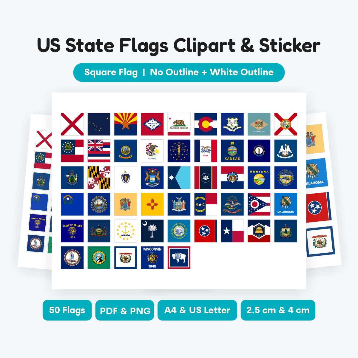 50 US States Square Flags, printable geography clipart PDF, high resolution SVG for Cricut and silhouette, perfect for square sticker labels and crafts.
