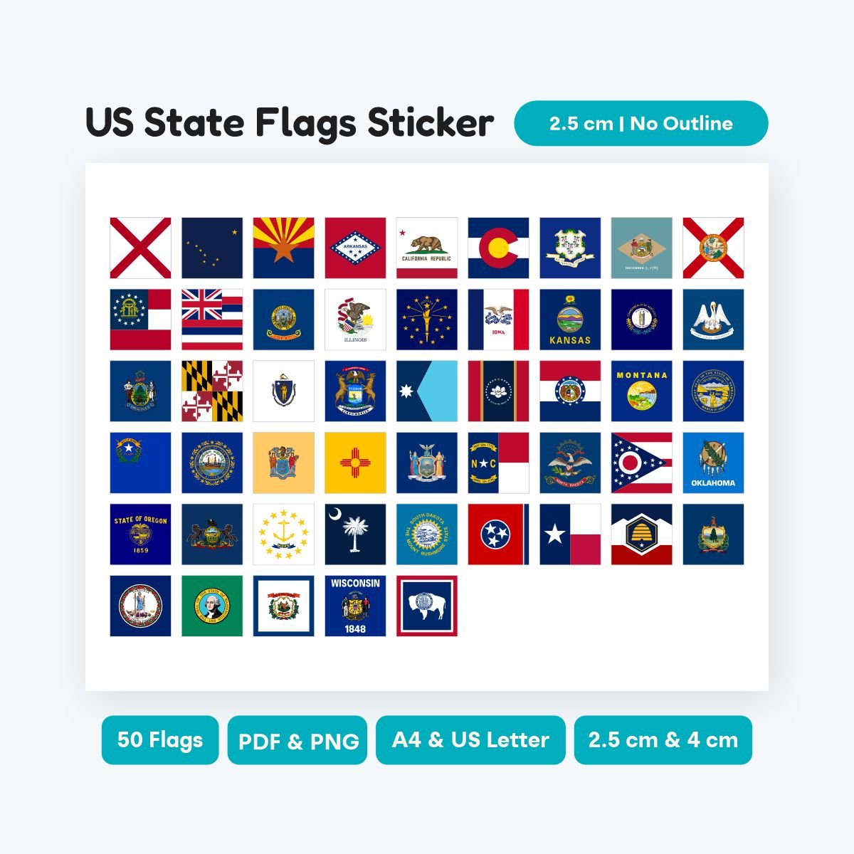 US Geography Square Flag Bundle, 50 square state flags in SVG and PNG format, printable stickers for students and teachers, high quality digital art.