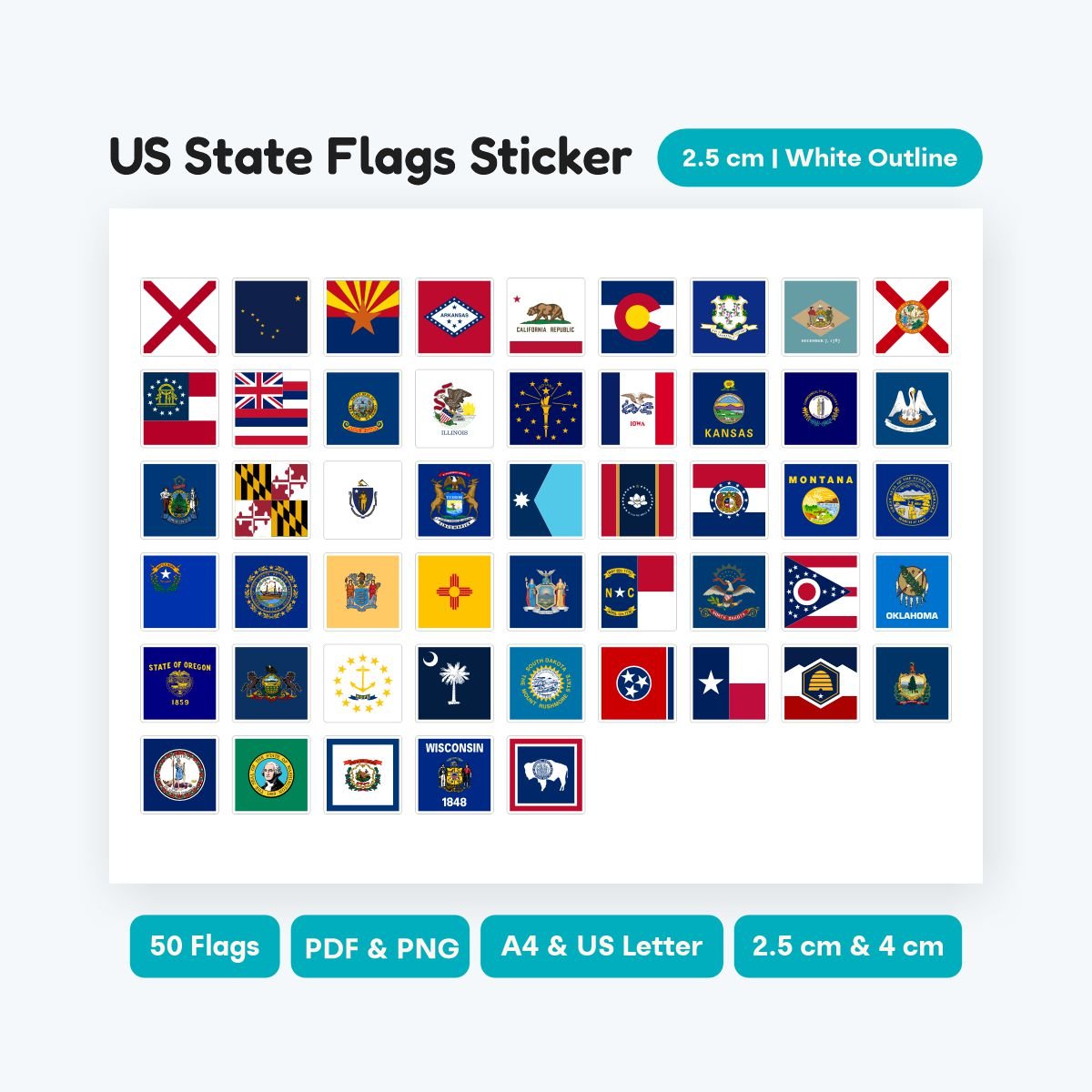 Printable US State Square Flag Stickers, 50 states square icons PDF, geography clipart for homeschool and classroom activities, instant digital download.