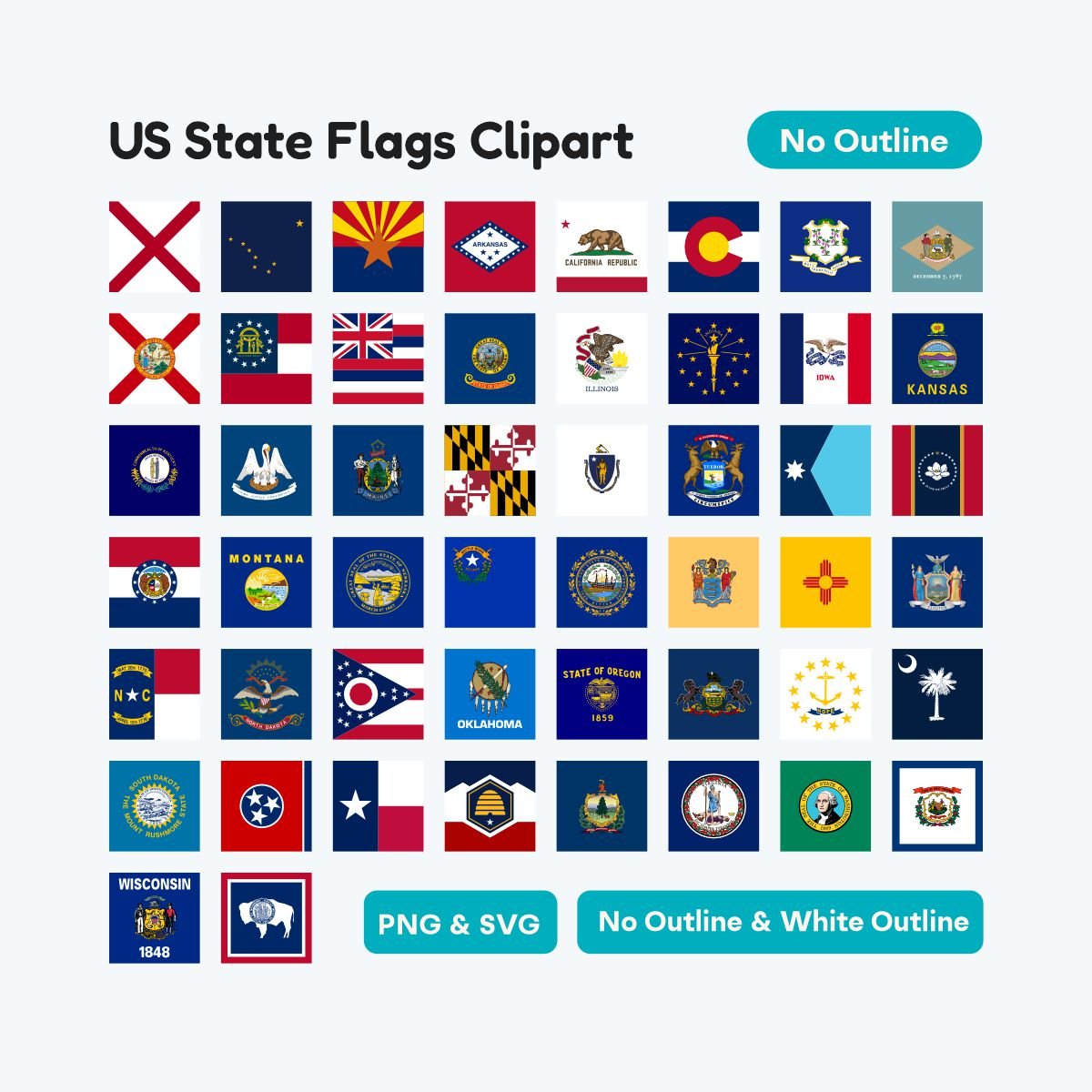 US State Square Flag Clipart Printable Sticker, 50 states square flag SVG and PNG files, educational geography stickers for kids, instant digital download.