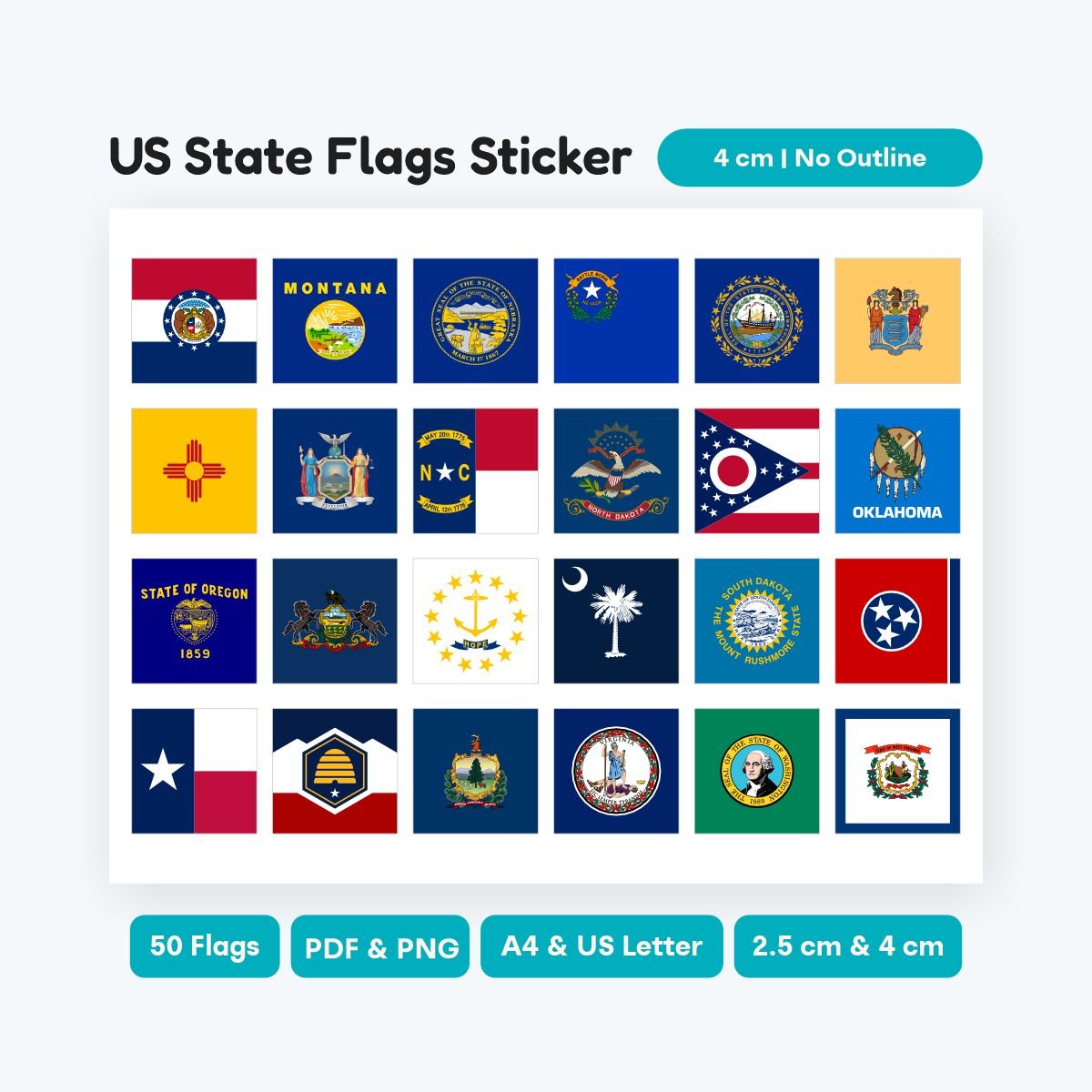 50 US States Square Flag Clipart, high resolution PNG and SVG files, printable square geography stickers for laptops and planners, educational student tool.