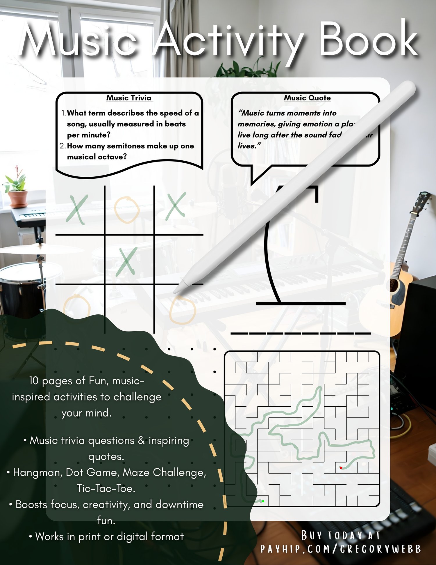 10-page music activity book with trivia, hangman, maze, dot game and tic tac toe. Printable or digital PDF for music lovers, producers and creatives. Fun, engaging brain games for studio breaks, travel and relaxing downtime.