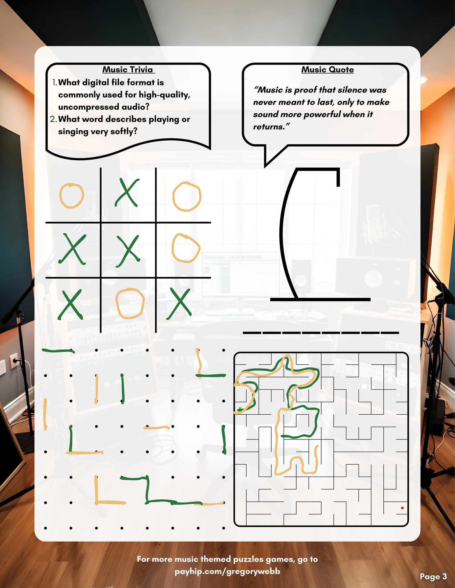 10-page music themed activity book PDF with trivia, puzzles and creative games. Great for composers, beatmakers and music enthusiasts. Perfect for studio sessions, travel or relaxing at home in print or digital format.