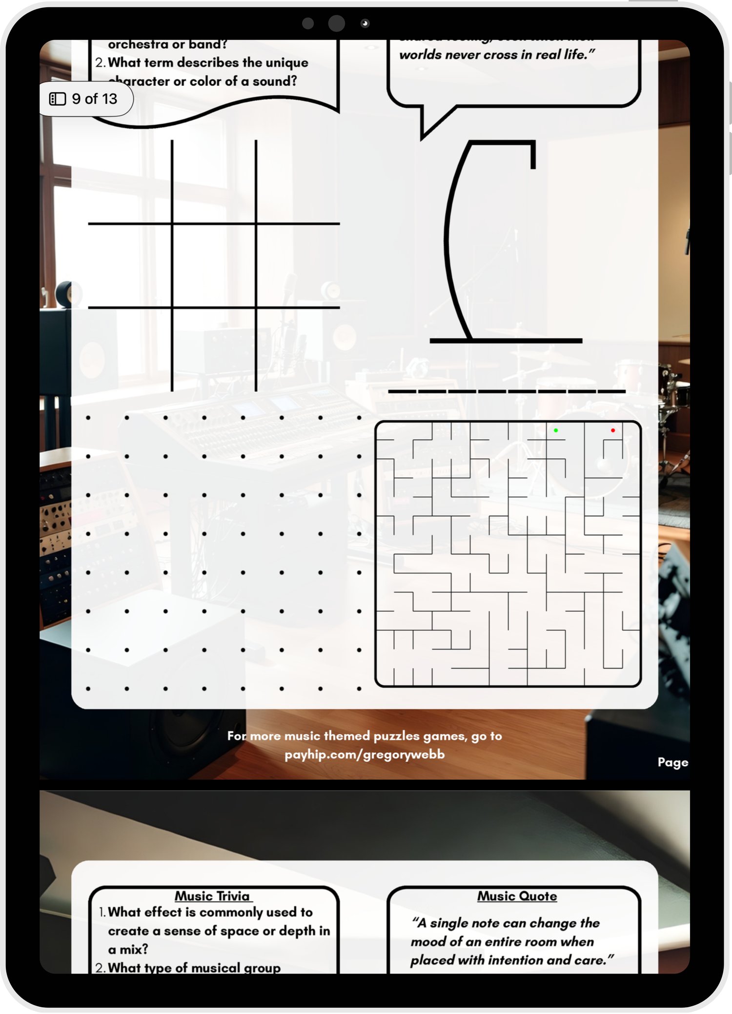 Music themed activity book PDF with 10 pages of trivia, quotes and brain games. Perfect for beatmakers, composers and students. Engaging puzzles designed to support focus, memory and creativity during studio breaks or travel.
