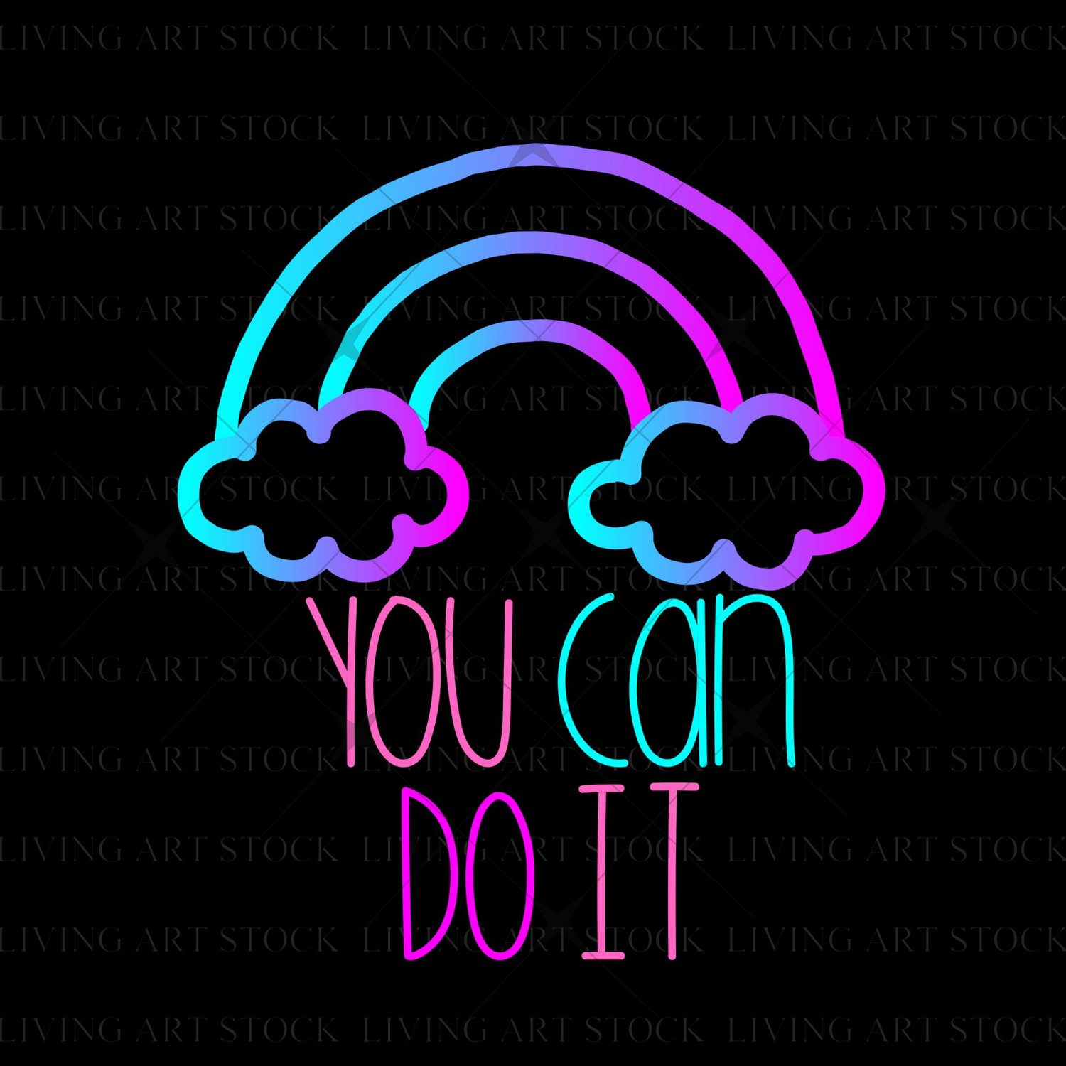 A vibrant neon cyan-to-pink-purple gradient hand-drawn rainbow outline with stylized clouds and the hand-lettered text "YOU CAN DO IT" below, on a transparent background.