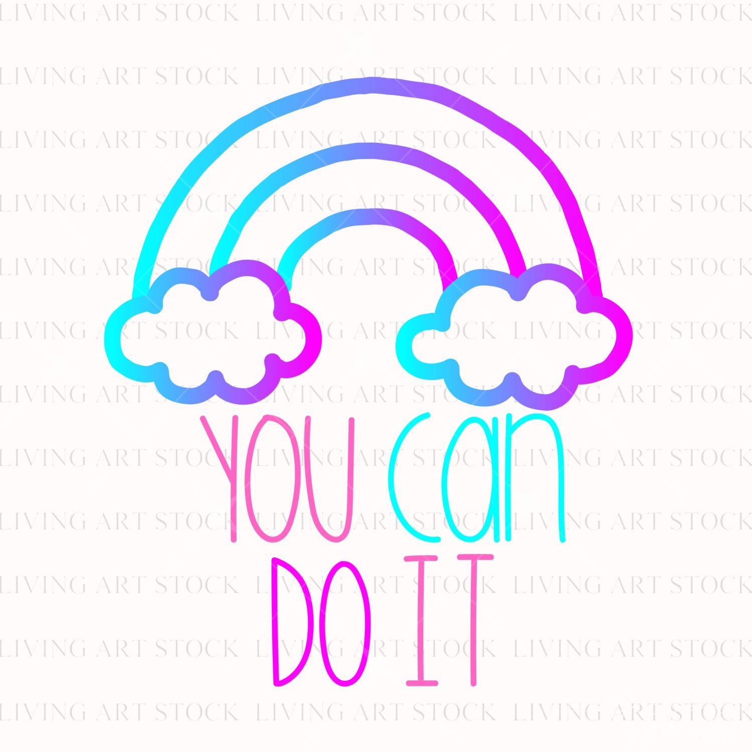 A vibrant neon cyan-to-pink-purple gradient hand-drawn rainbow outline with stylized clouds and the hand-lettered text "YOU CAN DO IT" below, on a transparent background.