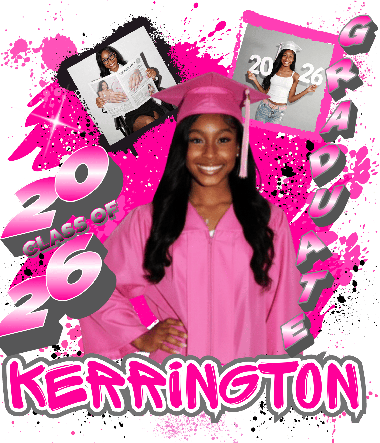 Custom graduation shirt with pink graduation theme and personalized name, class of 2026