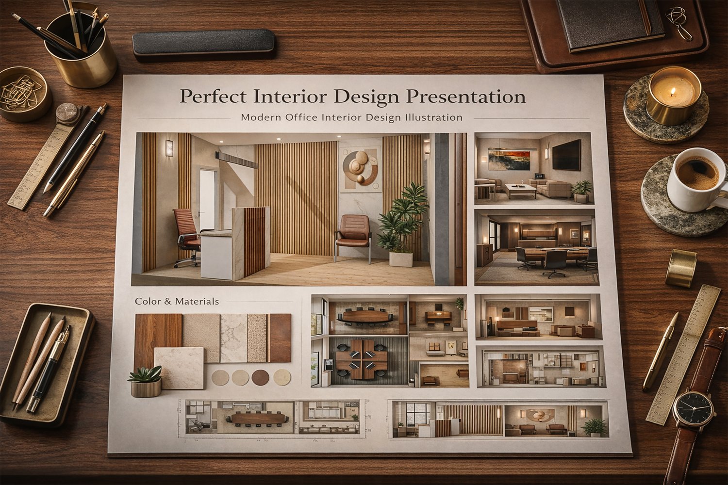 Modern reception office design featuring warm wood paneling, minimalist furniture, and professional workspace styling. Perfect inspiration for architects, interior designers and office renovations.