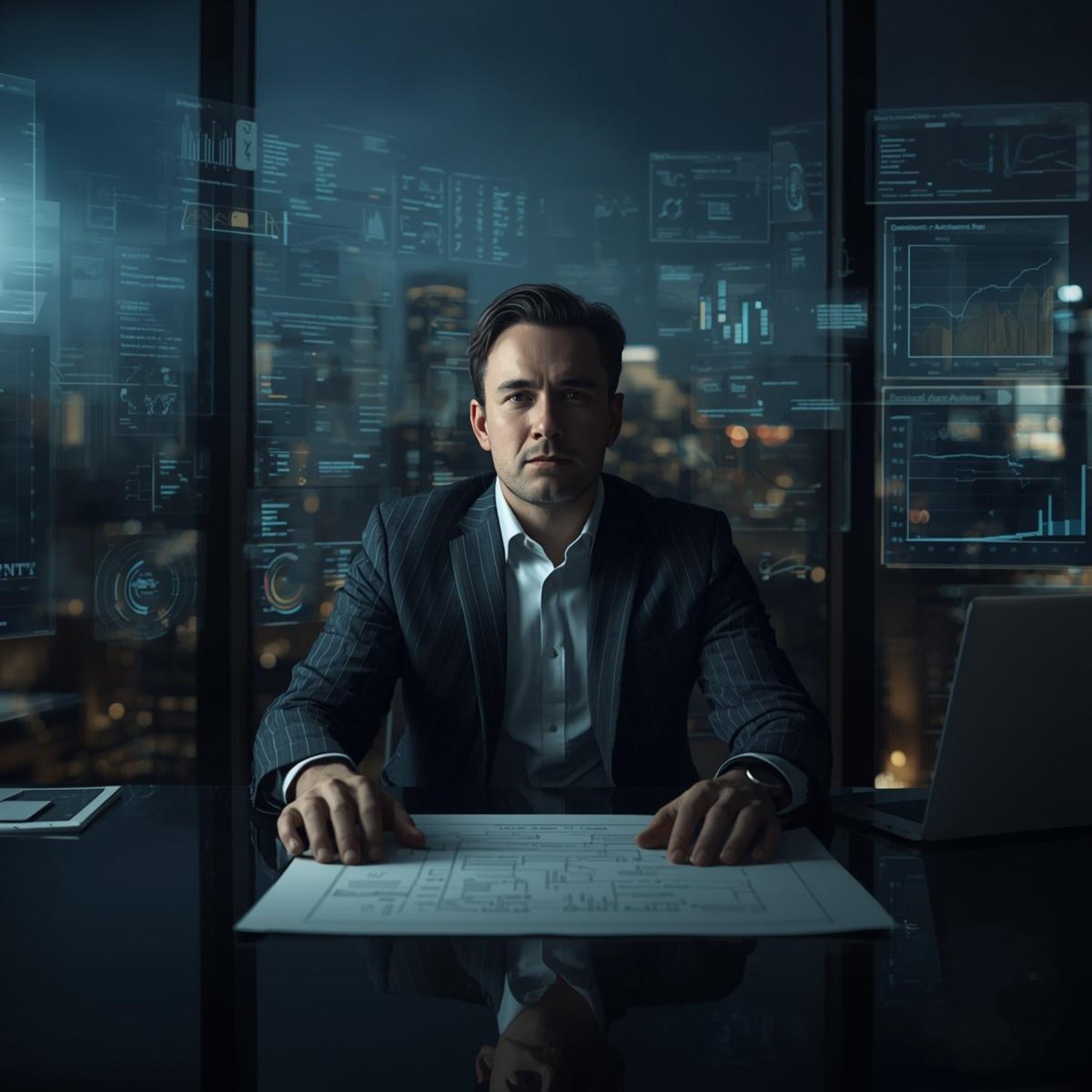 [PHOTO 1 – hyperreal founder under structural weight / decision overload]