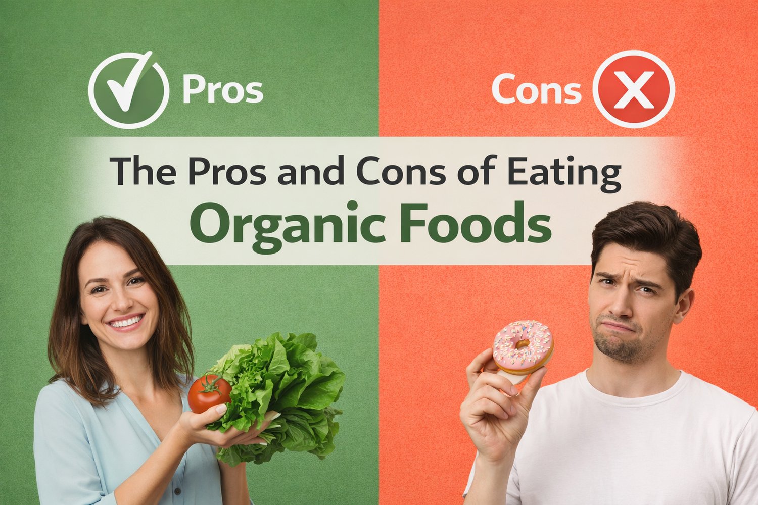 Pros and cons of eating organic foods with woman holding vegetables and man holding donut