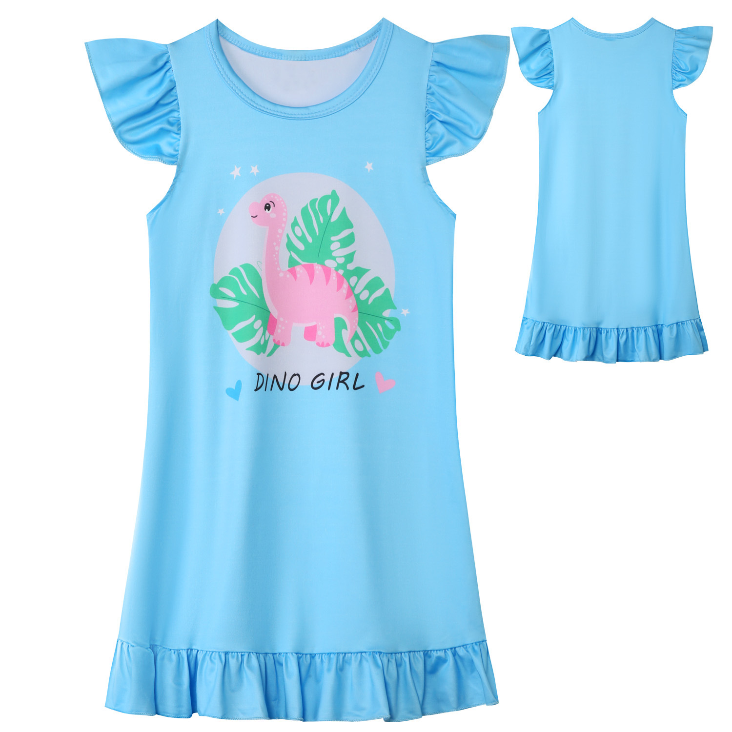 Girls Dino Print Pajama Dress | Short Sleeve Summer Nightwear Sleep Dress