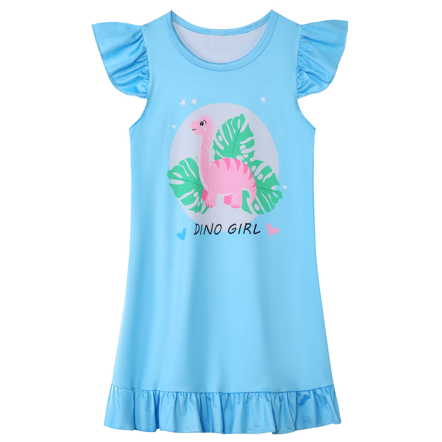 Girls Cartoon Dino Pajama Nightdress | Soft Short Sleeve Summer Sleepwear