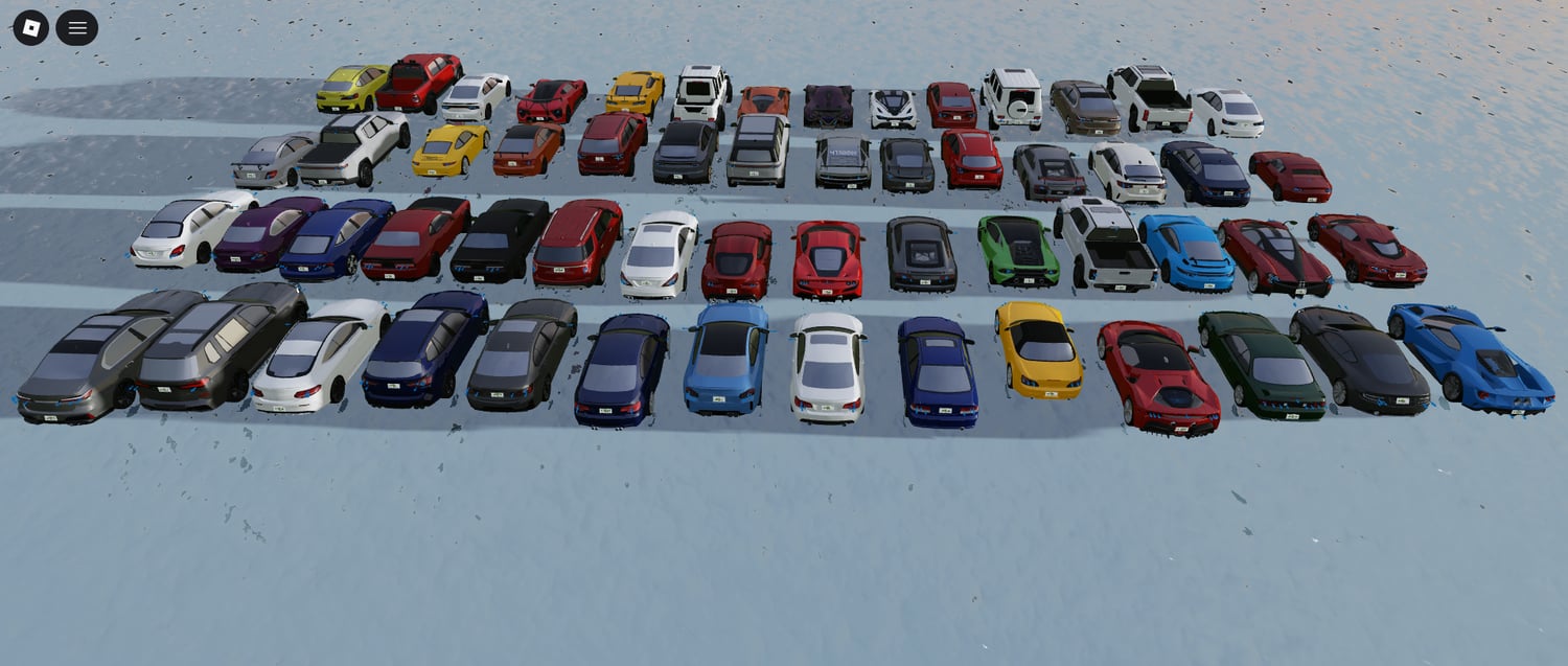 Large Roblox vehicle collection featuring multiple working cars lineup