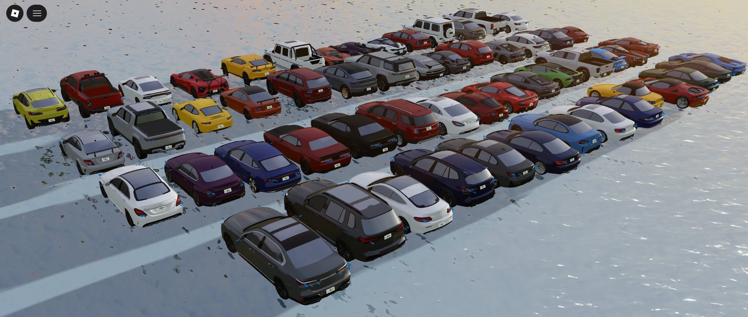 Variety of drivable car models displayed on city roadway environment