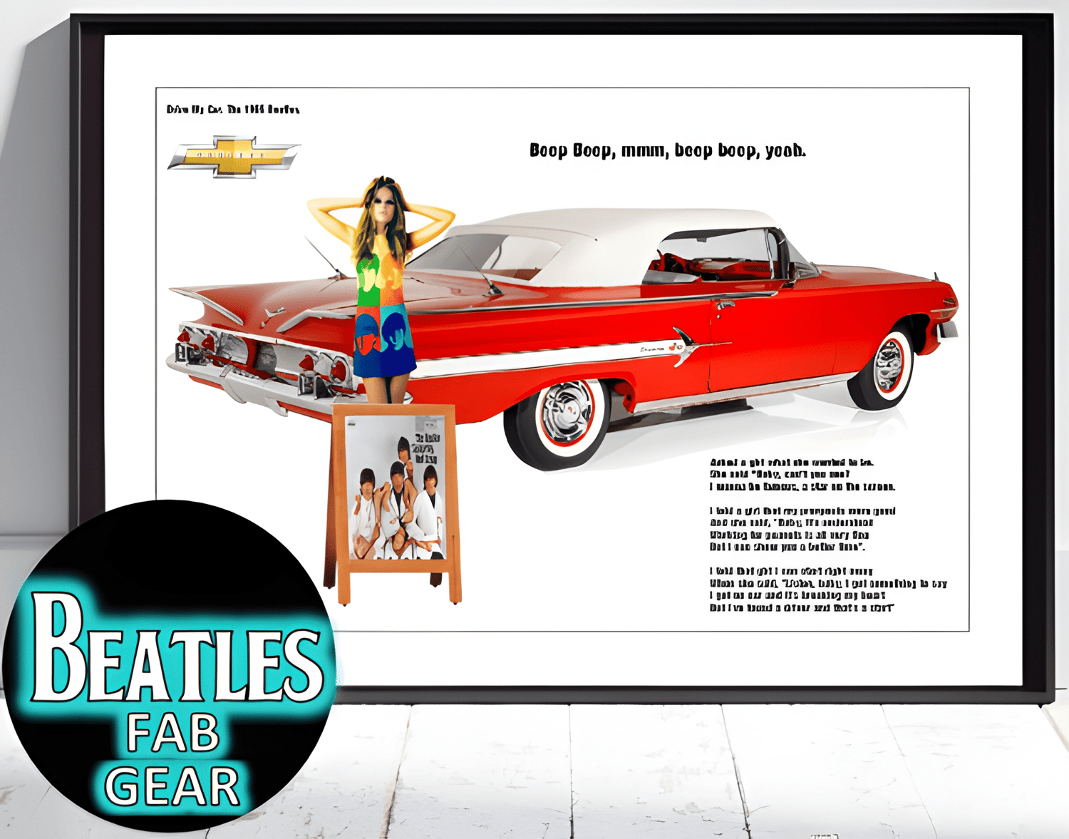 The BEATLES Drive My Car poster featuring a vintage American Chevrolet Impala, some of the lyrics to the song and the girl who wanted to show her chauffeur a better time.