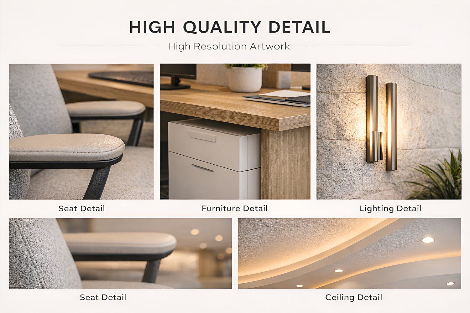 Modern minimalist office interior with wooden desks, neutral colors and contemporary lighting.